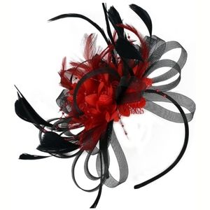 Beloved Millinery Red Black Fascinator Side Loop Feathers Ribbon Derby T…